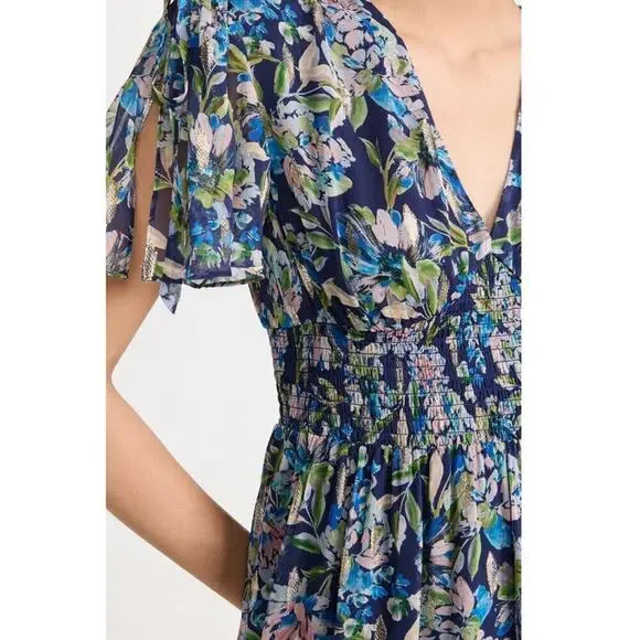 SHOSHANNA Midnight Lenora Midi Dress Navy Silver Multi Floral Smocked Tuckernuck - Picture 6 of 8